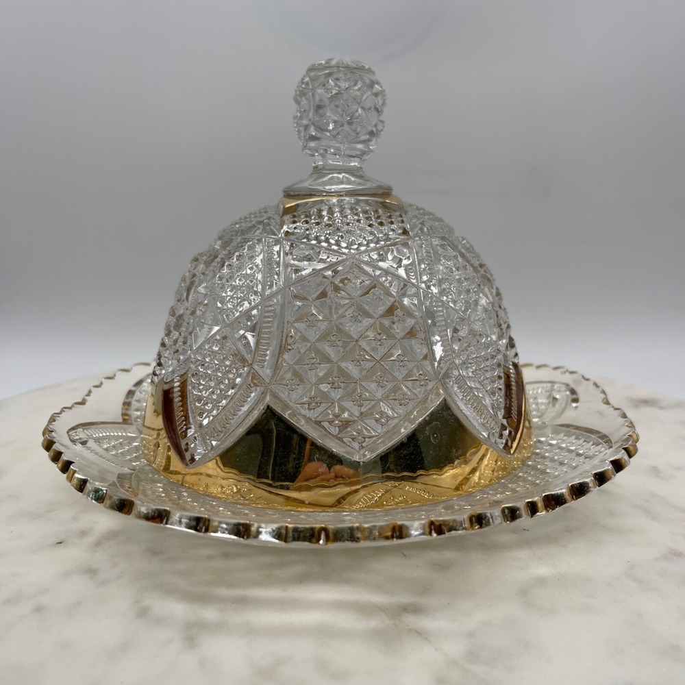 VINTAGE PATTERN GLASS GOLD TRIMMED CHEESE OR BUTTER DISH